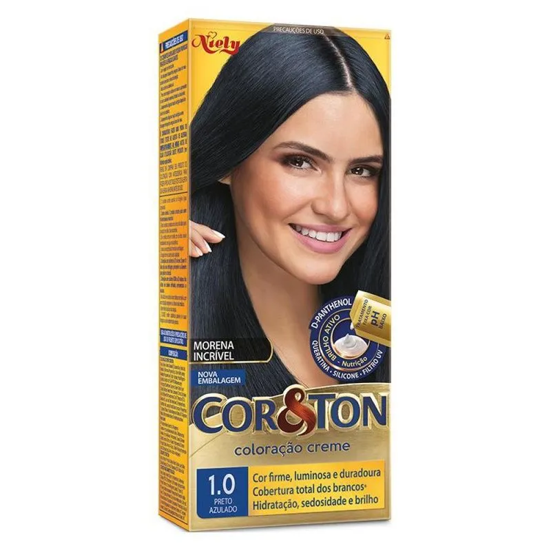 KIT COLORAÇÃO CREME COR 1.0 PRETO AZULADO NIELY COR&TON