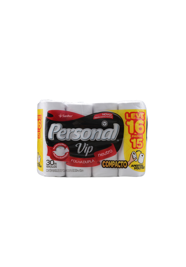 PAPEL HIGIÊNICO FOLHA DUPLA NEUTRO PERSONAL VIP 30M PACOTE LEVE 16 PAGUE 15 UNIDADES