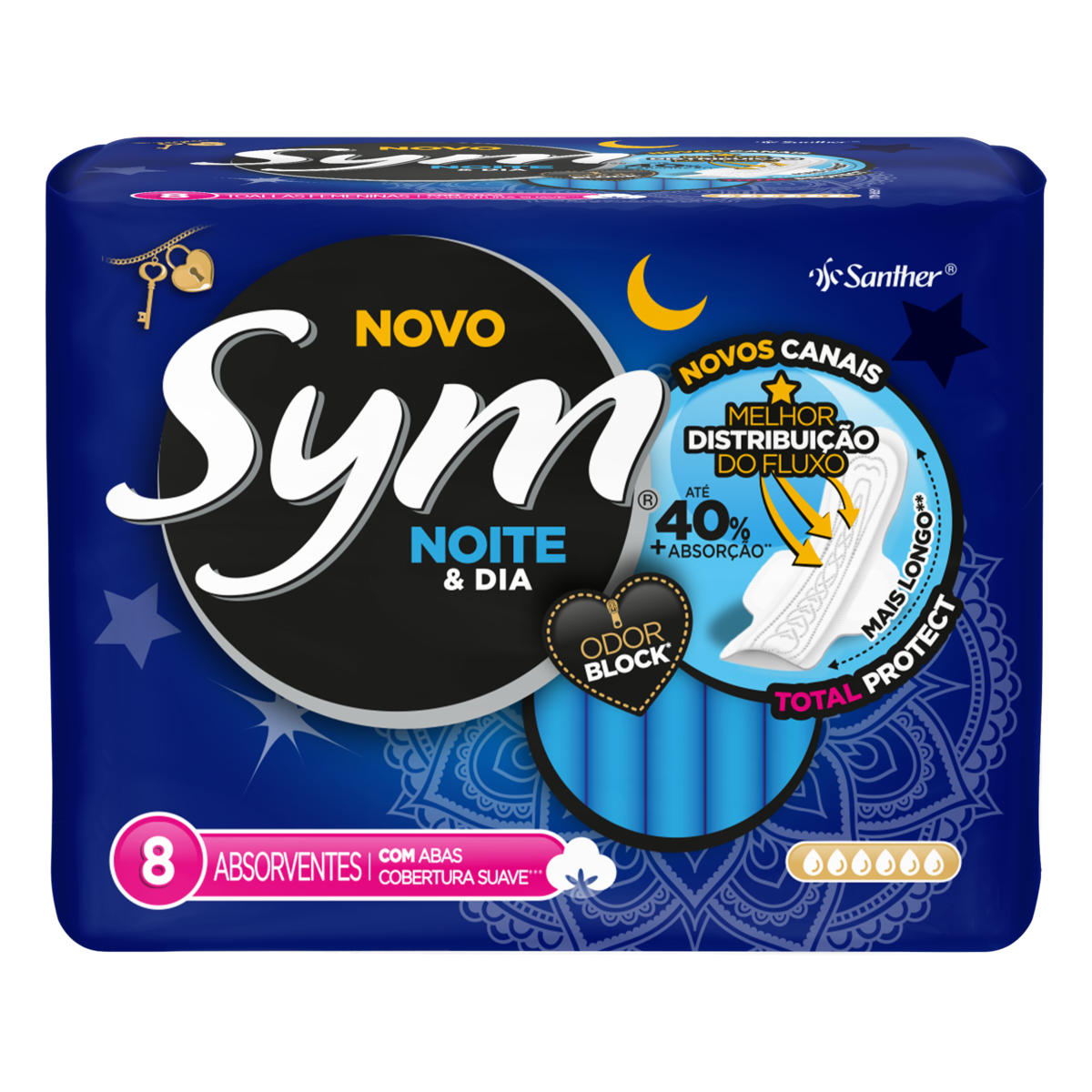 ABSORVENTE COM ABAS NOITE E DIA TOTAL PROTECT SUAVE SYM PACOTE LEVE 8 PAGUE 7 UNIDADES