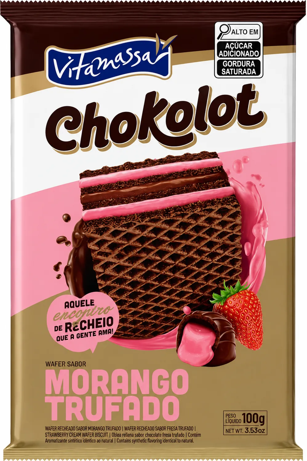BISCOITO WAFER CHOKOLOT VITAMASSA SABOR MORANGO TRUFADO 100G