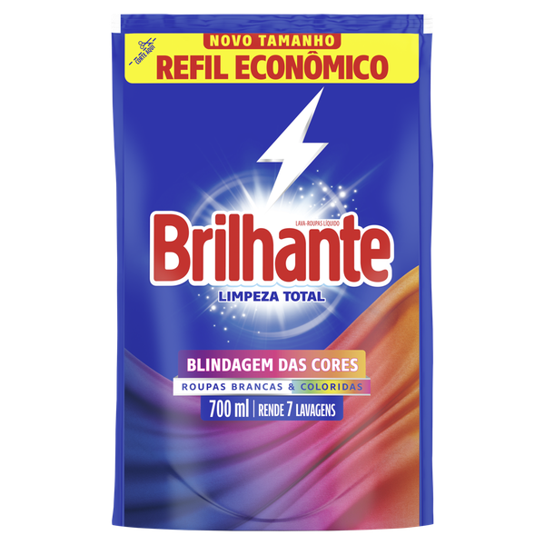 LAVA-ROUPAS LÍQUIDO ROUPAS BRANCAS E COLORIDAS BRILHANTE LIMPEZA TOTAL SACHÊ 700ML REFIL ECONÔMICO