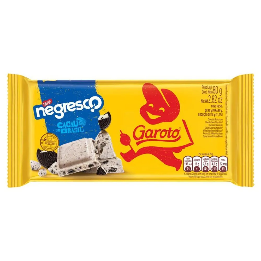 CHOCOLATE BRANCO COM BISCOITO NEGRESCO GAROTO PACOTE 80G