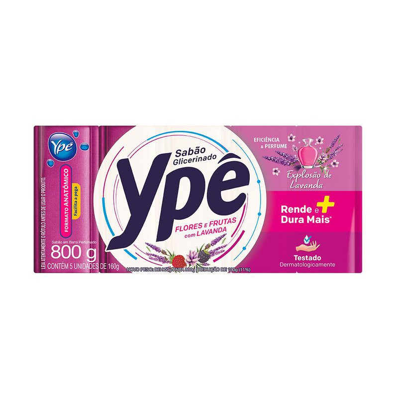 SABÃO BARRA GLICERINADO FLORES E FRUTAS YPÊ PACOTE 800G 5 UNIDADES