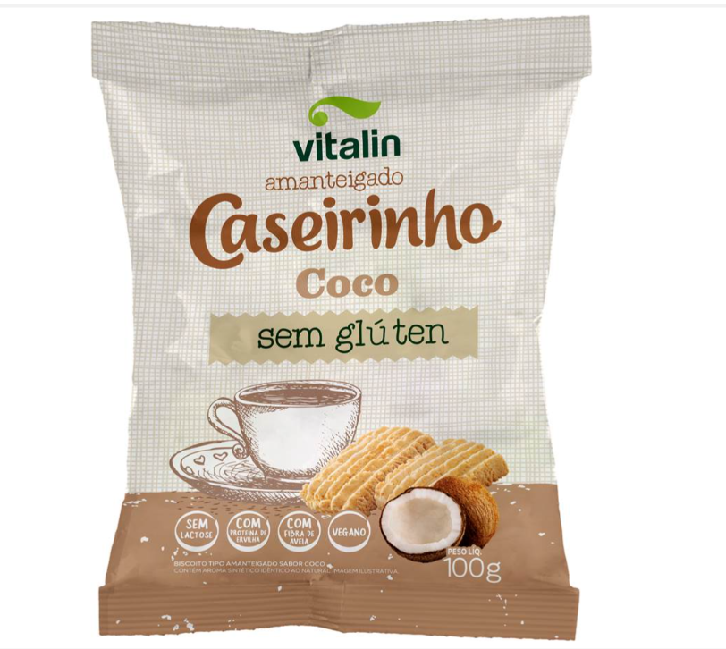 BISCOITO AMANTEIGADO VEGANO COCO SEM GLÚTEN VITALIN CASEIRINHO PACOTE 100G