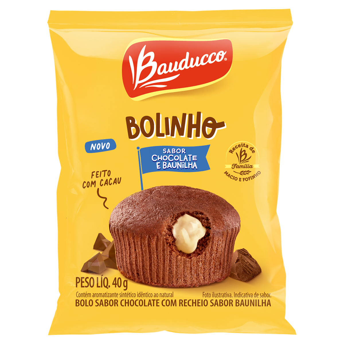 BOLINHO CHOCOLATE RECHEIO BAUNILHA BAUDUCCO PACOTE 40G
