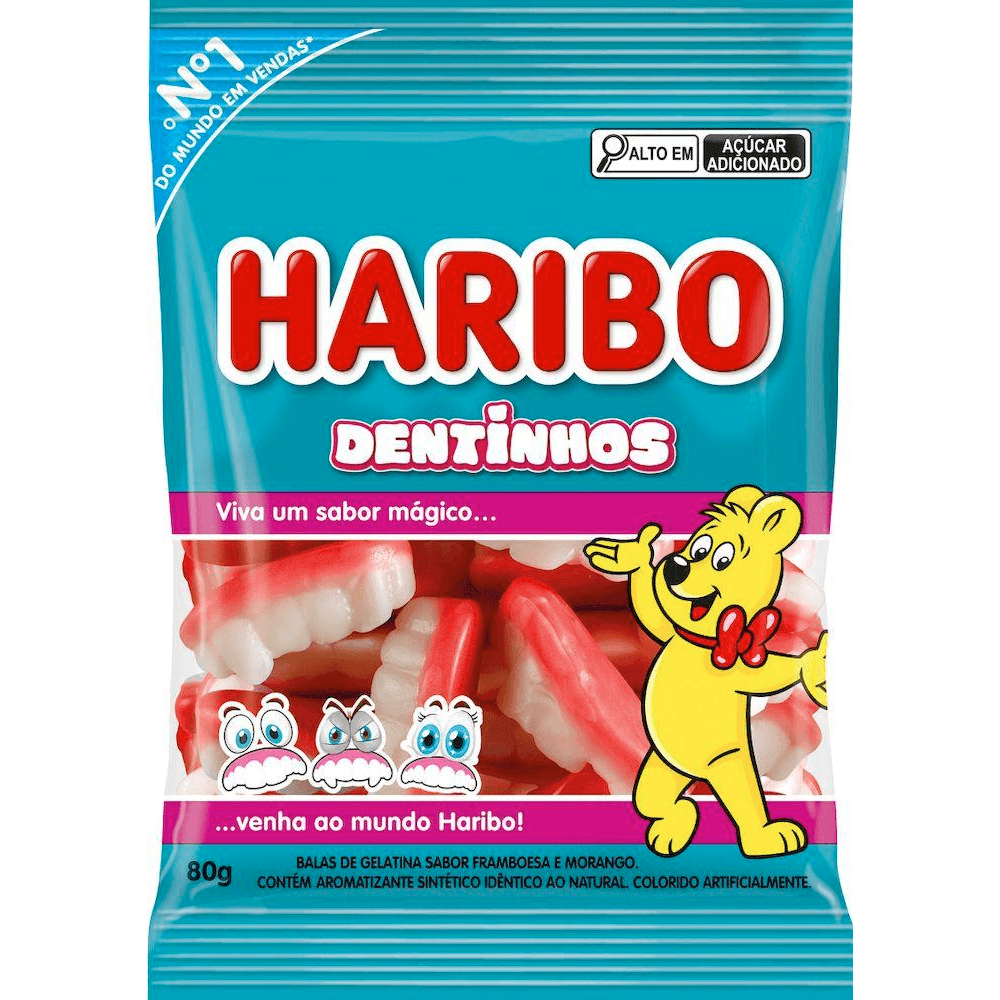 BALA DE GELATINA FRAMBOESA E MORANGO DENTINHOS HARIBO PACOTE 80G