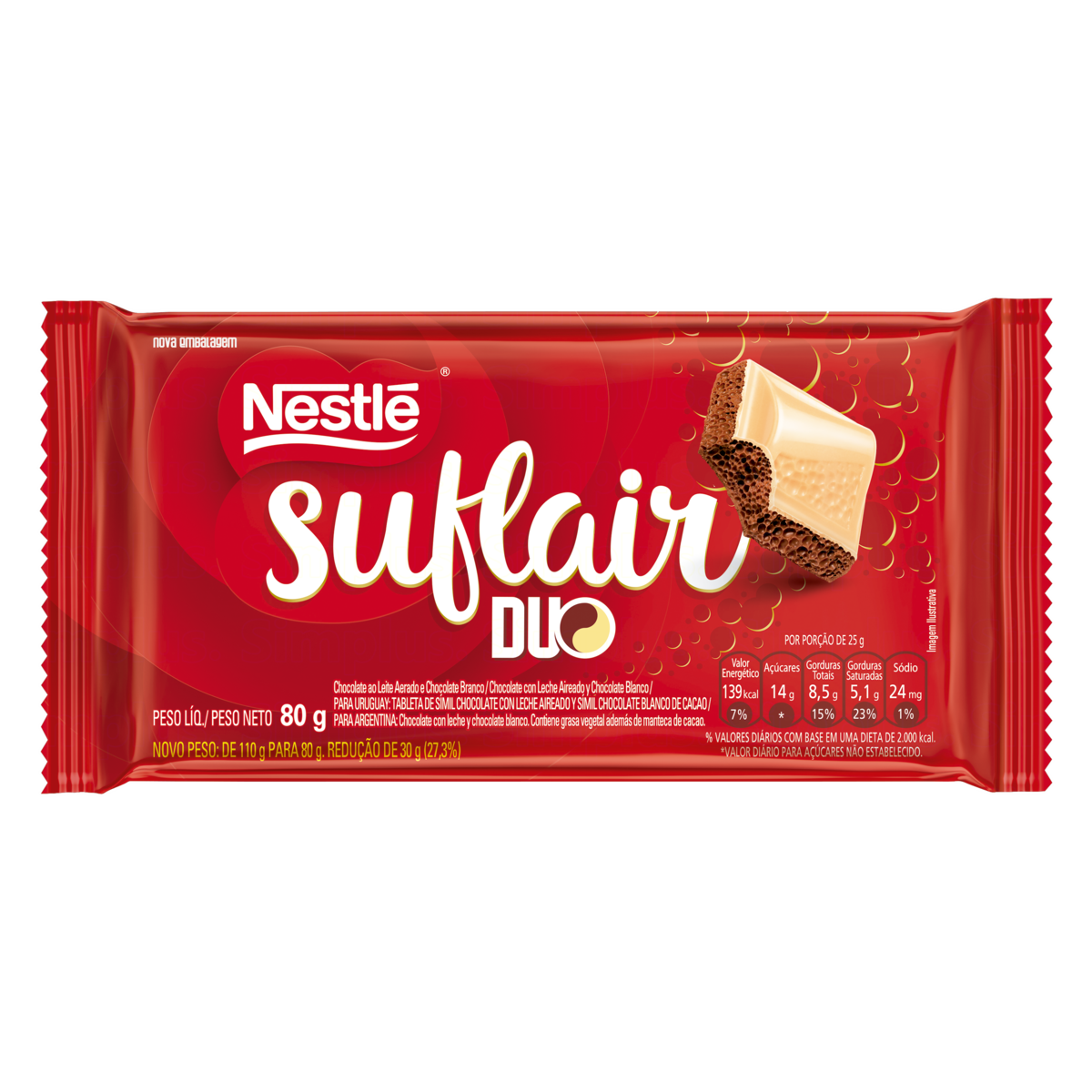 CHOCOLATE AO LEITE AERADO E BRANCO DUO SUFLAIR PACOTE 80G 0