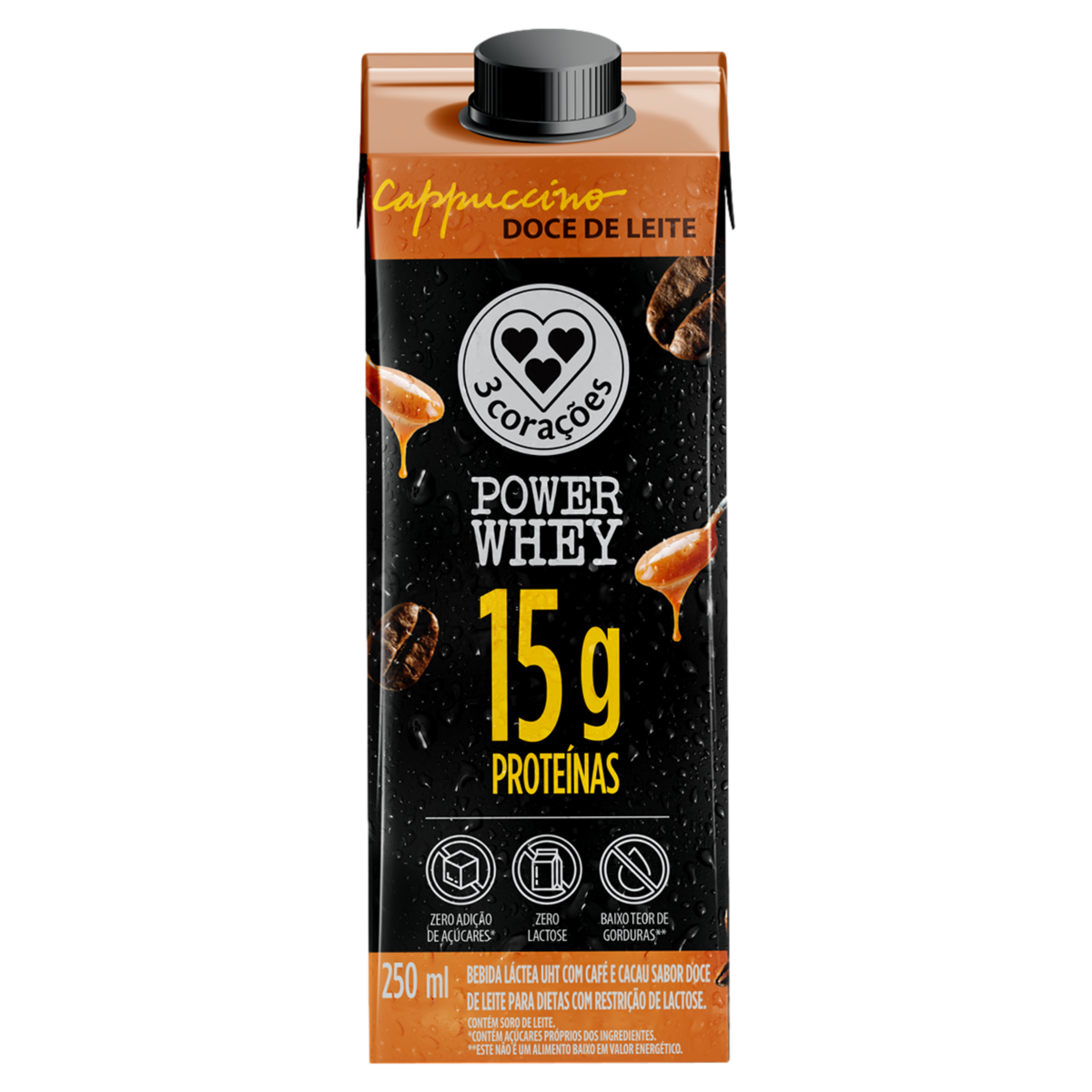 BEBIDA LÁCTEA UHT CAPPUCCINO DOCE DE LEITE ZERO LACTOSE 3 CORAÇÕES POWER WHEY CAIXA 250ML