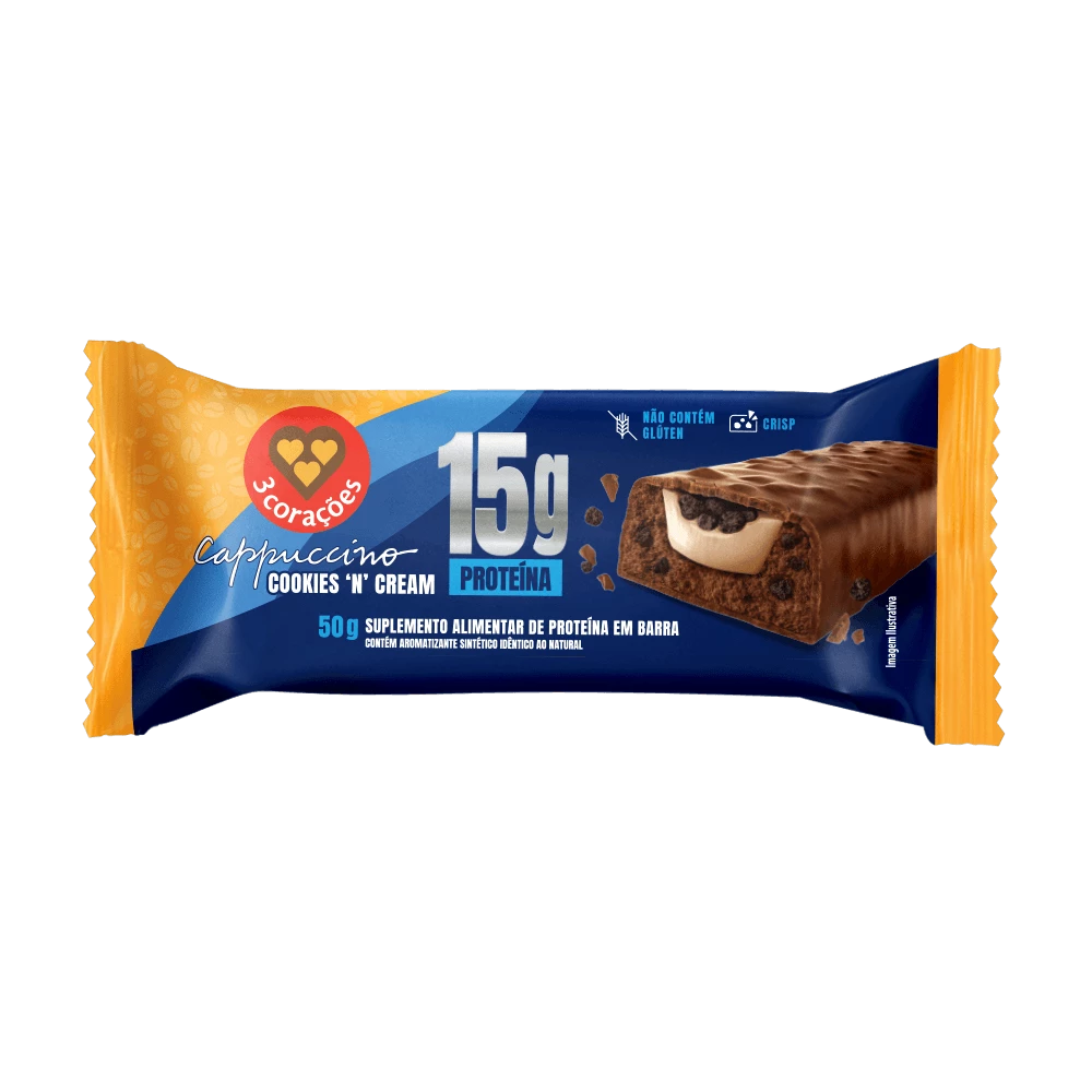BARRA 3 CORAÇÕES 15G DE PROTEINA CAPPUCCINO COOKIES'N CREAM 50G