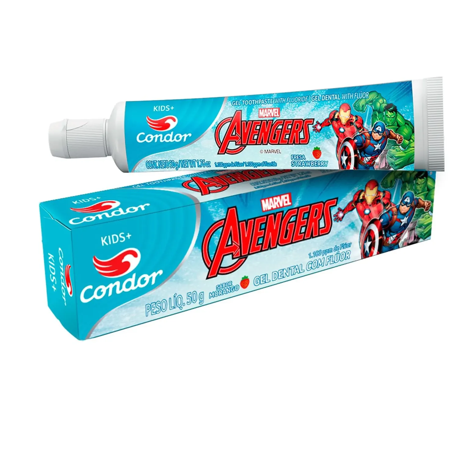 GEL DENTAL COM FLÚOR MORANGO AVENGERS CONDOR KIDS+ CAIXA 50G