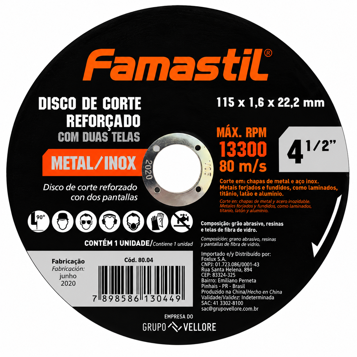 DISCO CORTE DISCO CORTE 4.1/2X1X7/8 MET/INOX FAMASTIL - REF 80.02