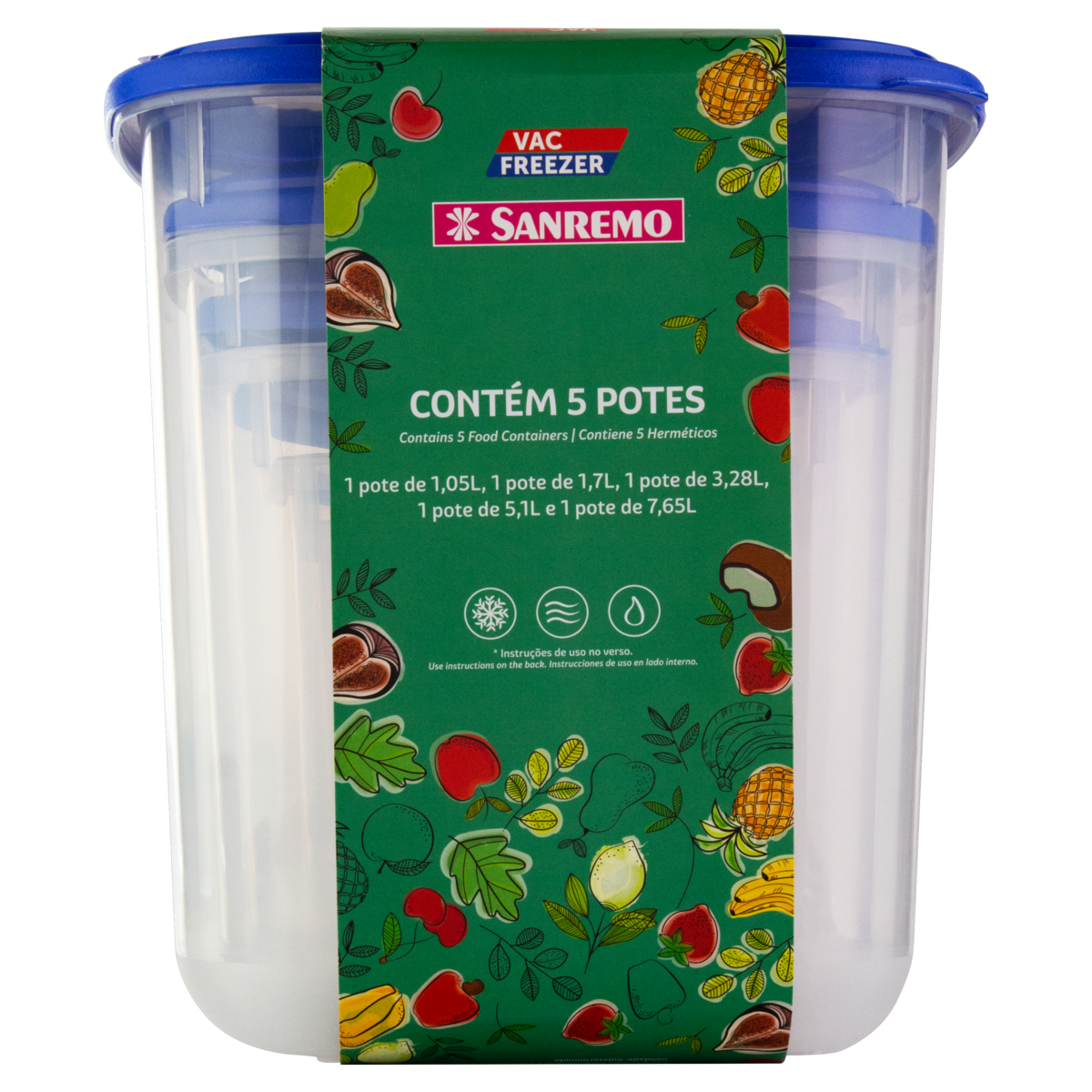 CONJUNTO POTE PLÁSTICO AZUL QUADRADO SANREMO VAC FREEZER 5 UNIDADES