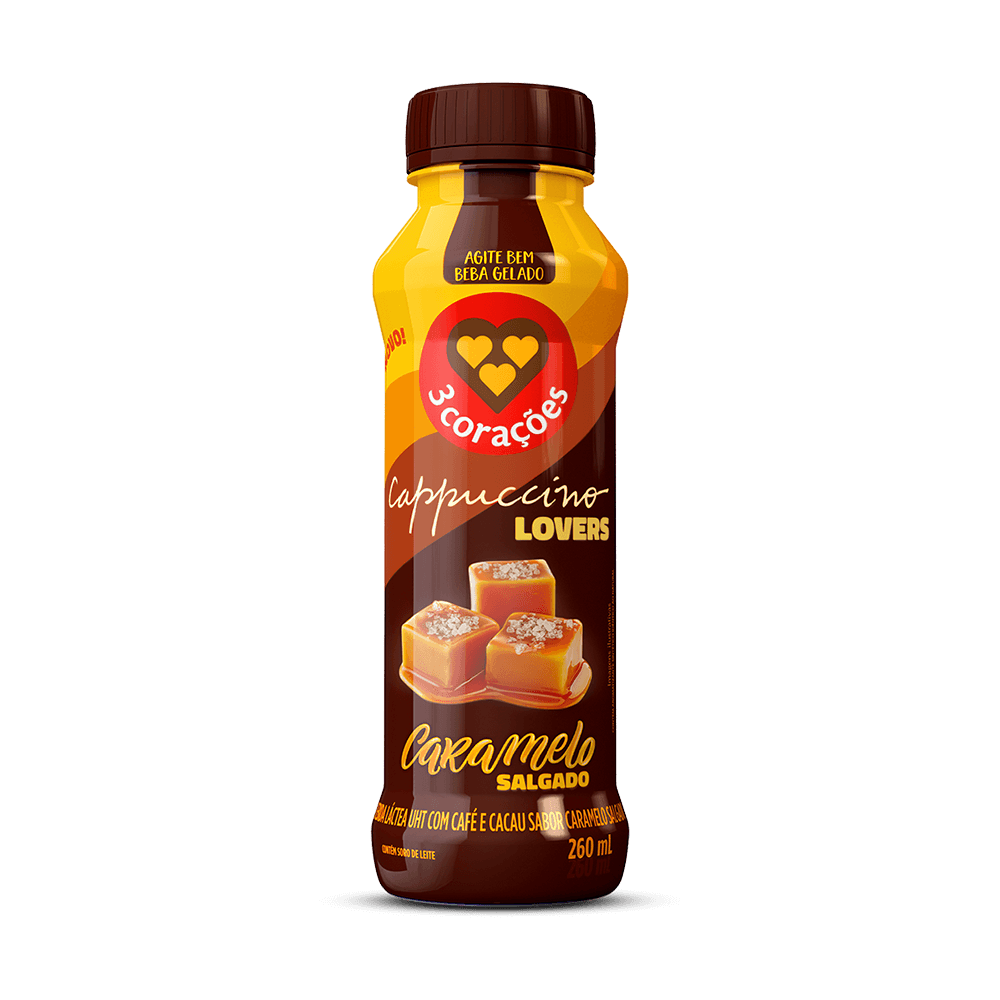 BEBIDA LÁCTEA UHT CAPPUCCINO CARAMELO SALGADO 3 CORAÇÕES LOVERS FRASCO 260ML