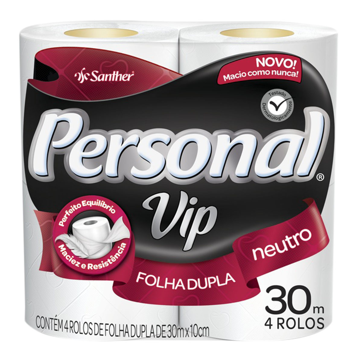PAPEL HIGIÊNICO FOLHA DUPLA NEUTRO PERSONAL VIP 30M PACOTE 4 UNIDADES