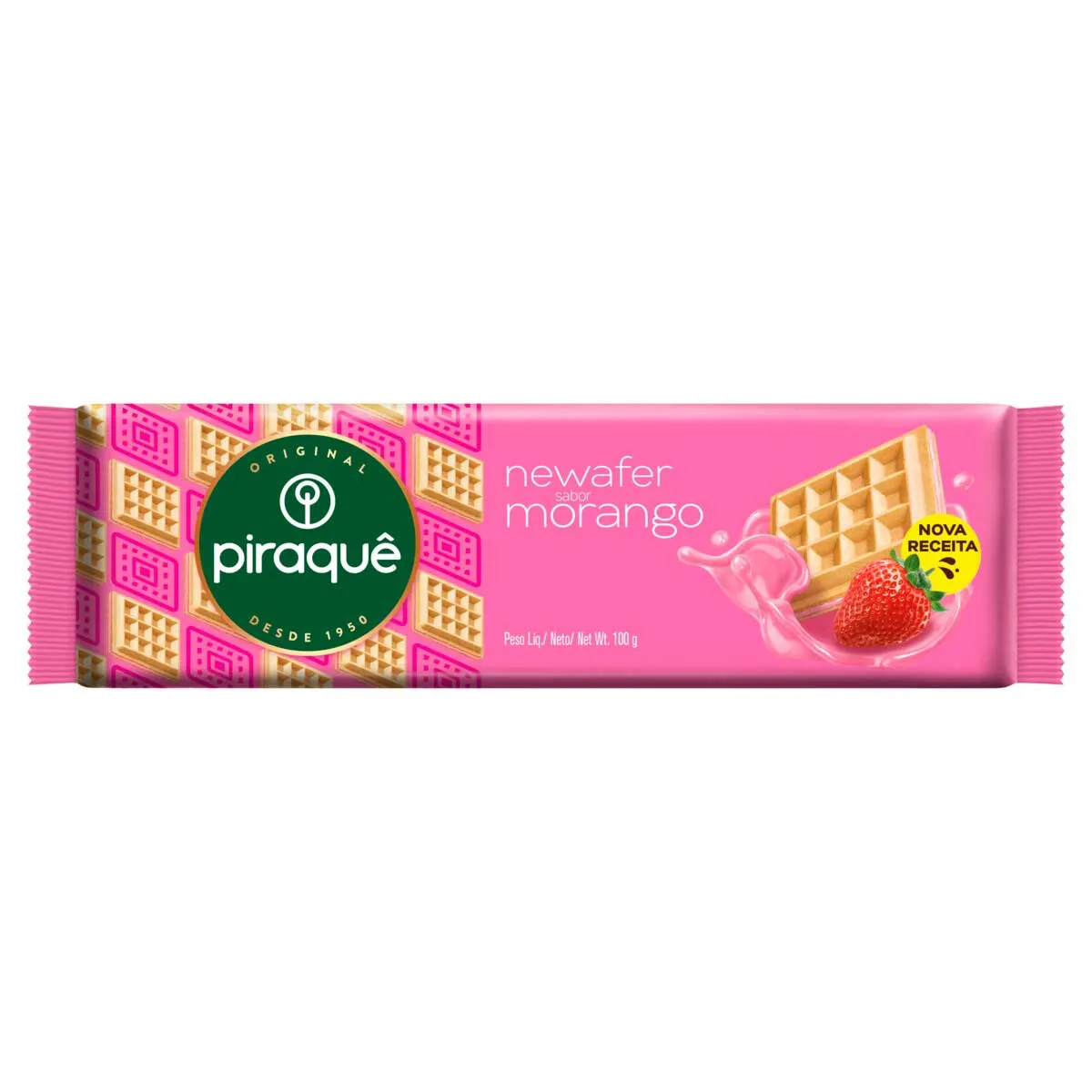 BISCOITO WAFER RECHEIO MORANGO PIRAQUÊ NEWAFER PACOTE 100G