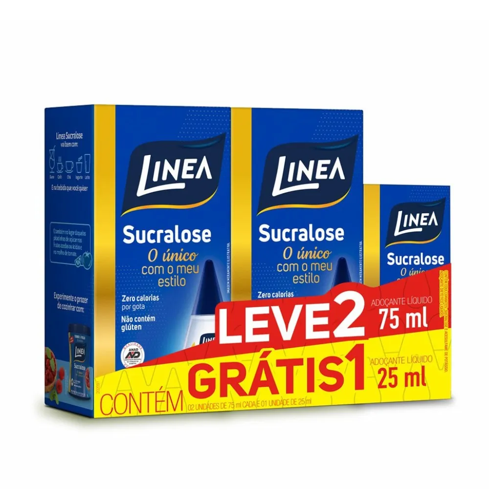 PACOTE ADOÇANTE LINEA SUCRALOSE 75ML + 25ML, LEVE 2 E UM GRÁTIS