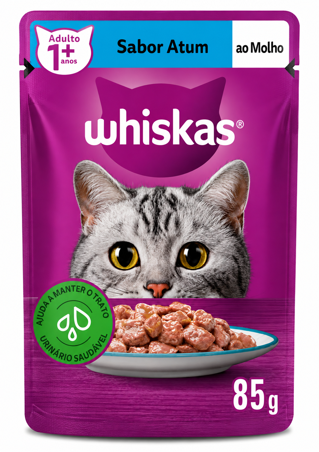 RAÇÃO ÚMIDA WHISKAS SACHÊ ATUM AO MOLHO PARA GATOS ADULTOS 85G