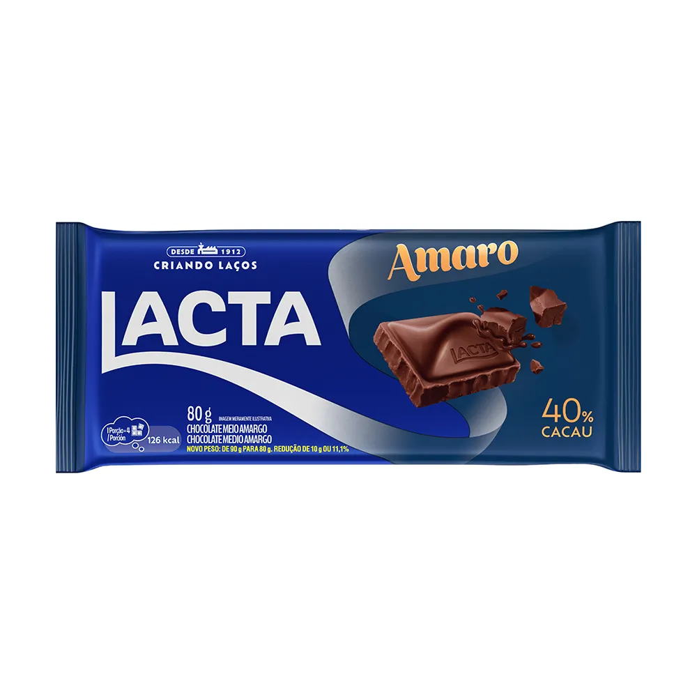 CHOCOLATE MEIO AMARGO 40% CACAU LACTA AMARO PACOTE 80G