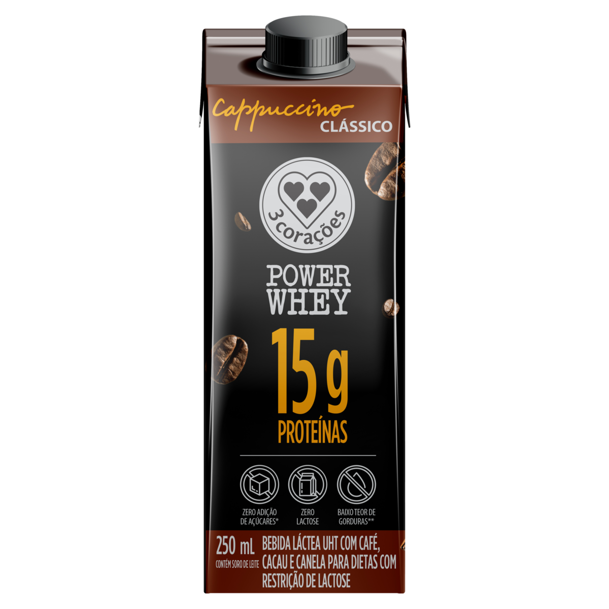 BEBIDA LÁCTEA UHT CAPPUCCINO CLÁSSICO ZERO LACTOSE 3 CORAÇÕES POWER WHEY CAIXA 250ML 0