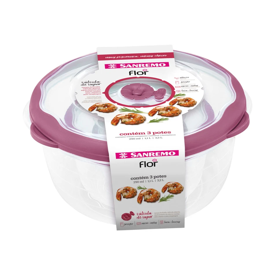 CONJUNTO DE POTES REDONDOS SANREMO FLOR C/3 PEÇAS