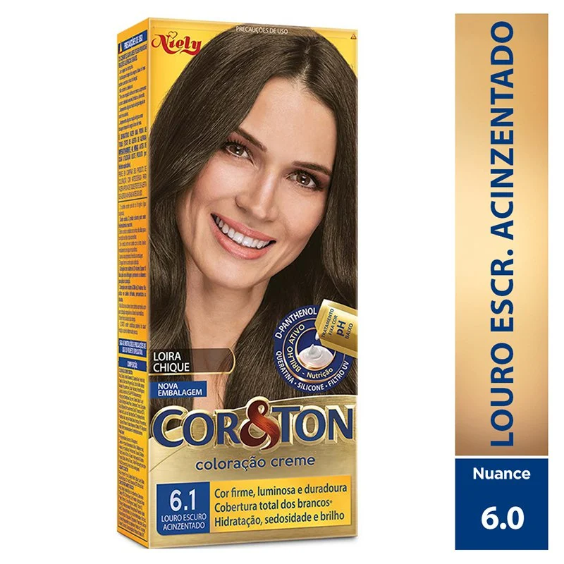 KIT COLORAÇÃO CREME COR 6.1 LOURO ESCURO ACINZENTADO NIELY COR&TON