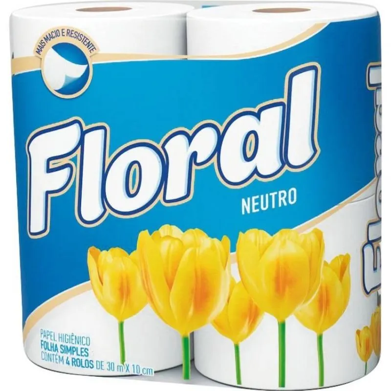 PAPEL HIGIÊNICO FOLHA SIMPLES NEUTRO FLORAL 30M PACOTE 4 UNIDADES