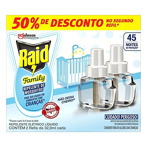REPELENTE LÍQUIDO ELÉTRICO 45 NOITES SEM PERFUME RAID FAMILY CAIXA 2 UNIDADES 32,9ML CADA GRÁTIS 50% DE DESCONTO NO SEGUNDO REFIL