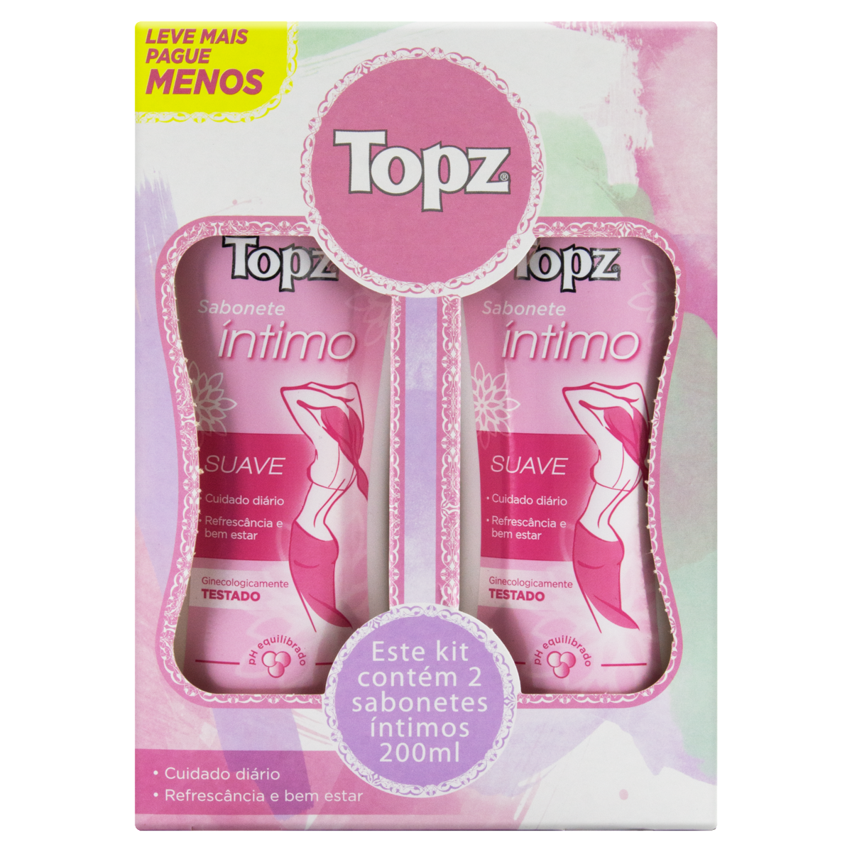 PACK SABONETE LÍQUIDO ÍNTIMO SUAVE TOPZ FRASCO 2 UNIDADES 200ML CADA LEVE MAIS PAGUE MENOS
