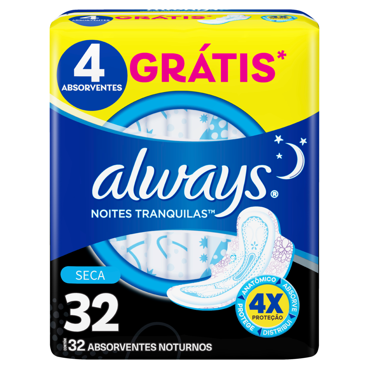 ABSORVENTE COM ABAS SECA ALWAYS G PACOTE 32 UNIDADES GRÁTIS 5 UNIDADES