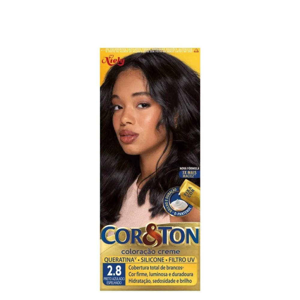 KIT COLORAÇÃO CREME 2.8 PRETO AZULADO ESPELHADO NIELY COR&TON