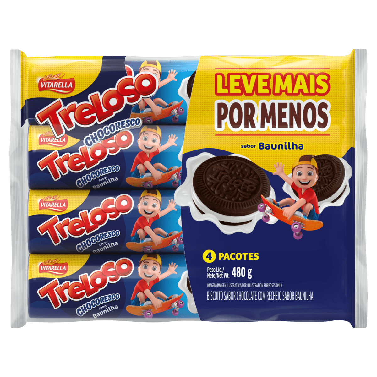 PACK BISCOITO CHOCOLATE RECHEIO BAUNILHA VITARELLA TRELOSO CHOCORESCO PACOTE 480G 4 UNIDADES LEVE MAIS PAGUE MENOS