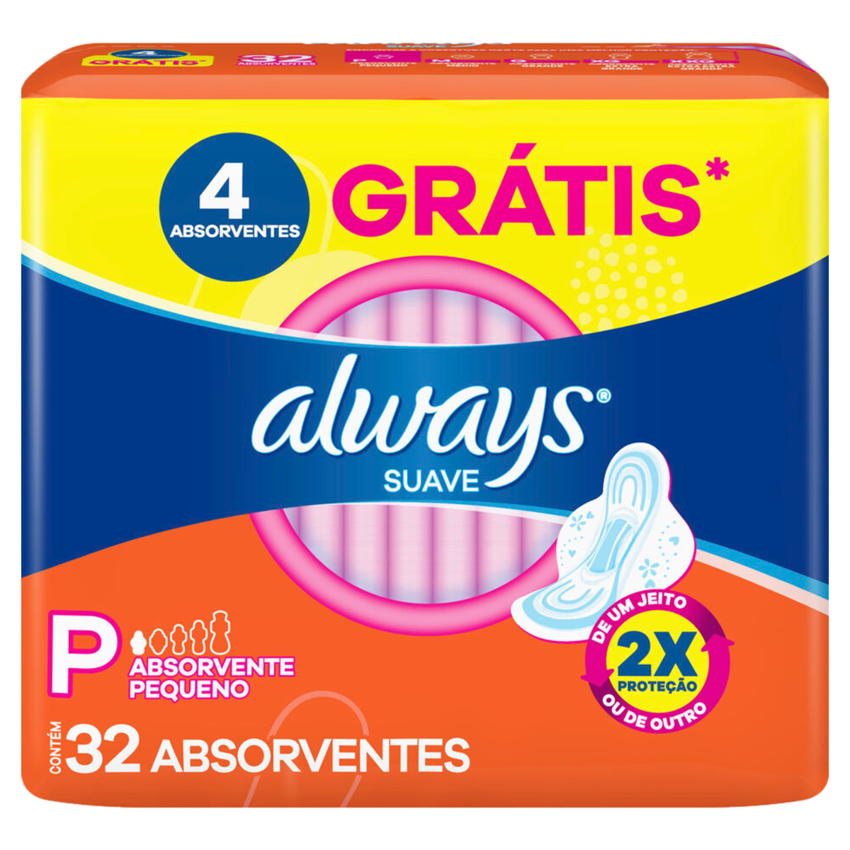 ABSORVENTE COM ABAS SUAVE ALWAYS P PACOTE 32 UNIDADES GRÁTIS 4 ABSORVENTES