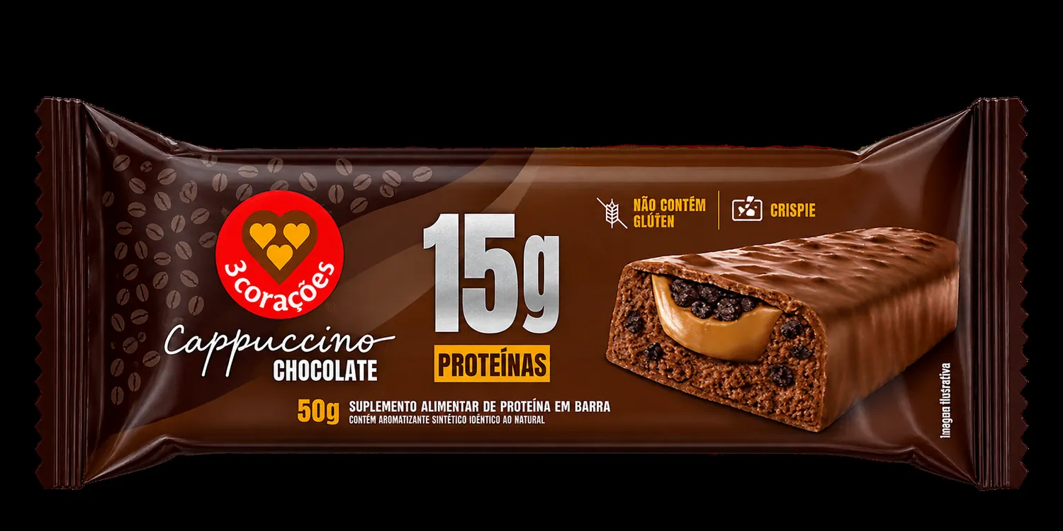 BARRA DE PROTEÍNA 3 CORACÕES SABOR CAPPUCCINO CHOCOLATE 50G — imagem 1