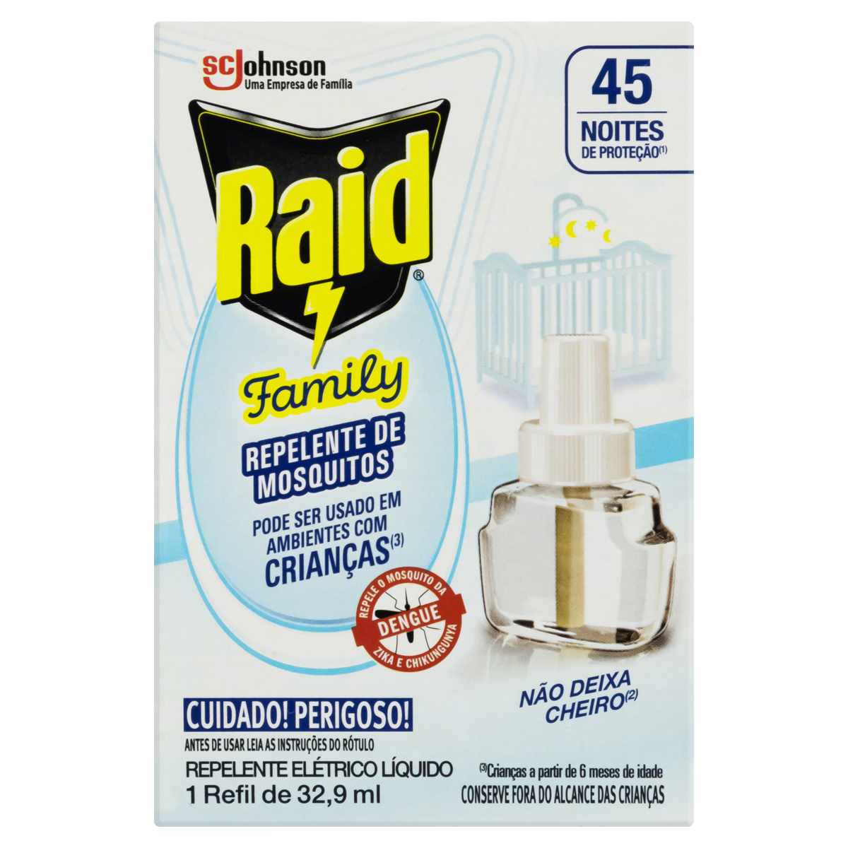 REPELENTE LÍQUIDO ELÉTRICO 45 NOITES SEM PERFUME RAID FAMILY CAIXA 32,9ML REFIL