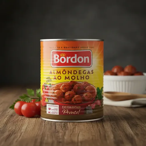 ALMÔNDEGA DE CARNE BOVINA E FRANGO AO MOLHO BORDON LATA 830G