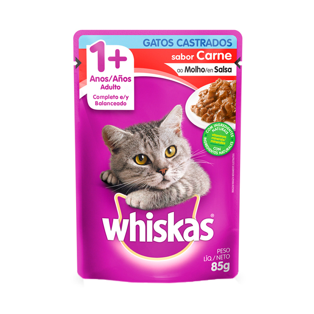ALIMENTO PARA GATOS CASTRADOS ADULTOS CARNE AO MOLHO WHISKAS SACHÊ 85G