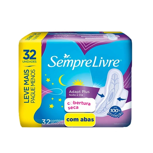 ABSORVENTE COM ABAS SECA SEMPRE LIVRE CONFORTO NOTURNO PACOTE 32 UNIDADES LEVE MAIS PAGUE MENOS