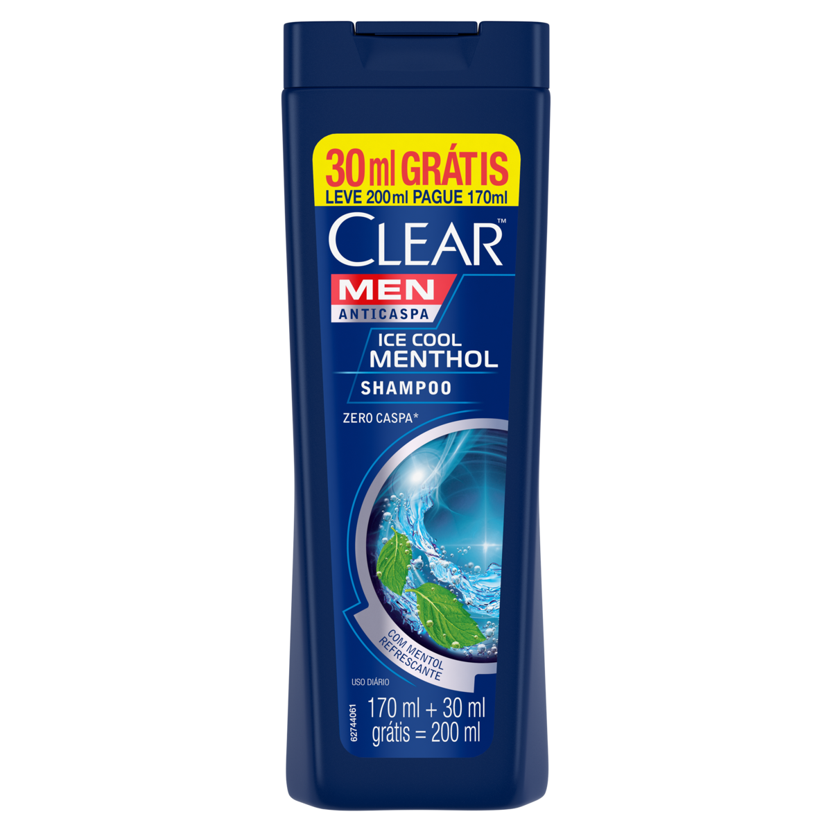 SHAMPOO ANTICASPA ICE COOL MENTHOL CLEAR MEN FRASCO LEVE 200ML PAGUE 170ML