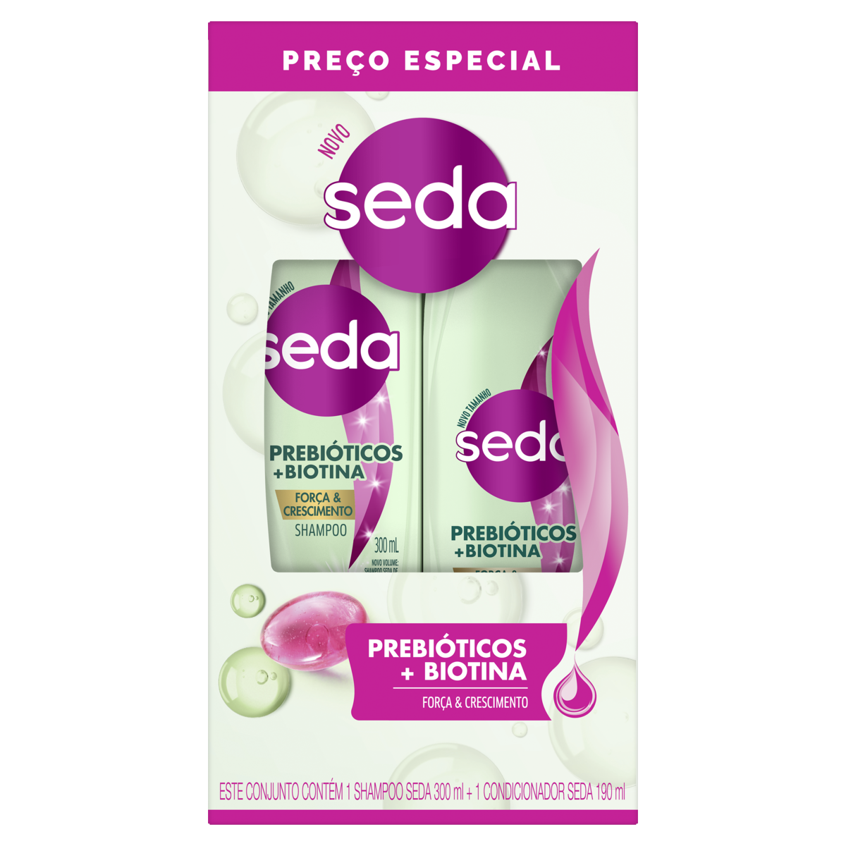 KIT SHAMPOO 300ML + CONDICIONADOR 190ML SEDA PREBIÓTICOS + BIOTINA 0