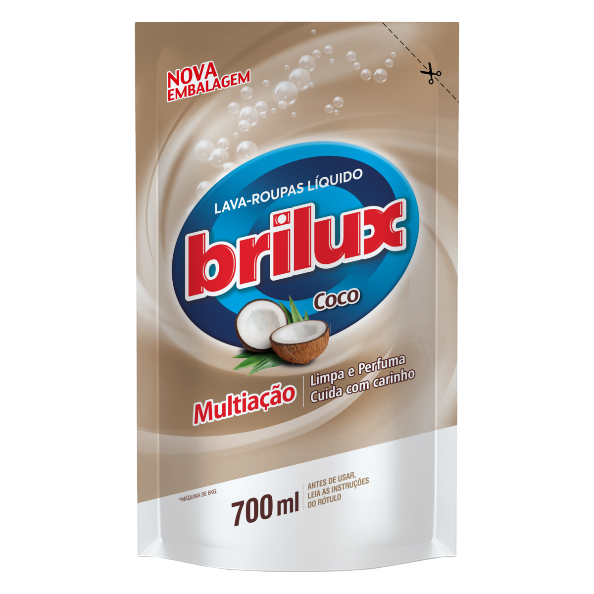 LAVA-ROUPAS LÍQUIDO COCO BRILUX MULTIAÇÃO SACHÊ 700ML REFIL