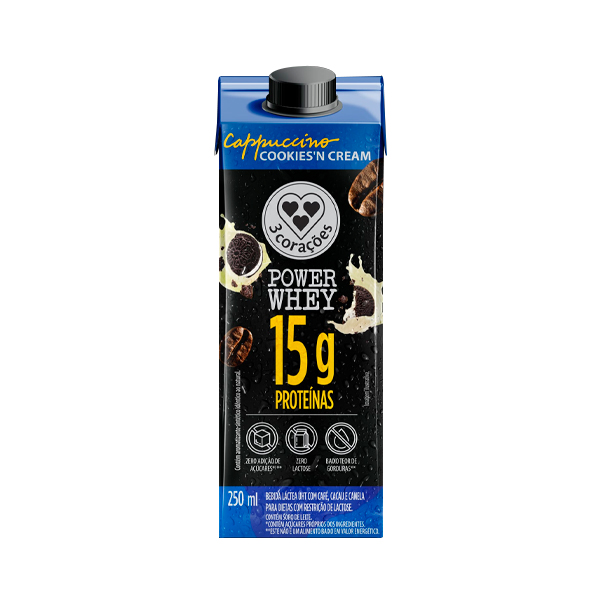 BEBIDA LÁCTEA UHT CAPPUCCINO COOKIESN CREAM ZERO LACTOSE 3 CORAÇÕES POWER WHEY CAIXA 250ML
