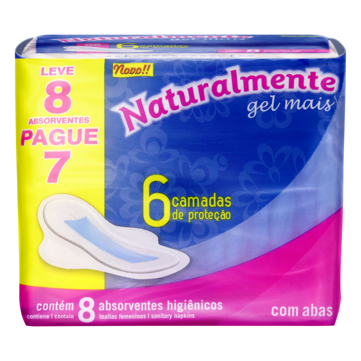 ABSORVENTE COM ABAS NATURALMENTE GEL MAIS PACOTE LEVE 8 PAGUE 7 UNIDADES