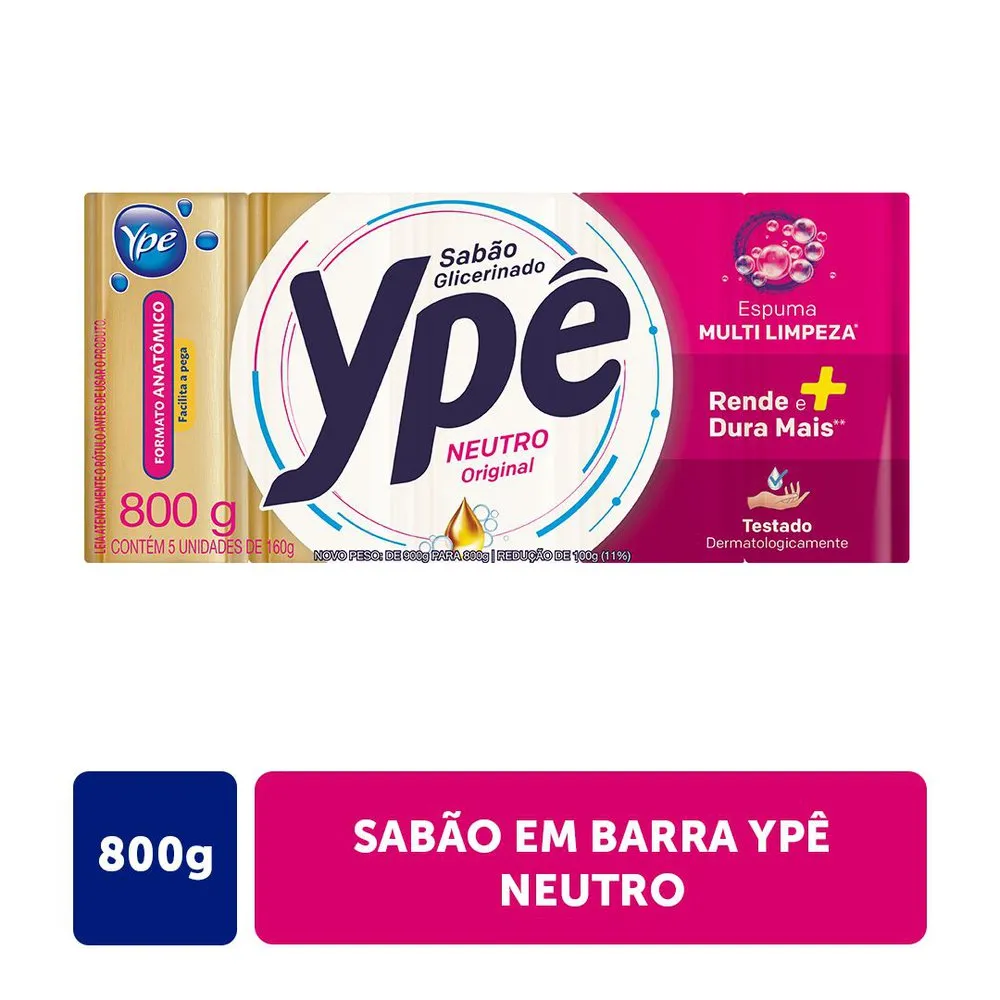 SABÃO BARRA GLICERINADO NEUTRO ORIGINAL YPÊ PACOTE 800G 5 UNIDADES