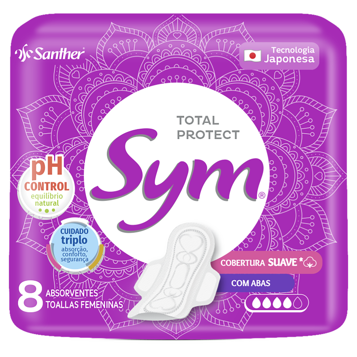 ABSORVENTE COM ABAS TOTAL PROTECT SUAVE SYM PACOTE 8 UNIDADES