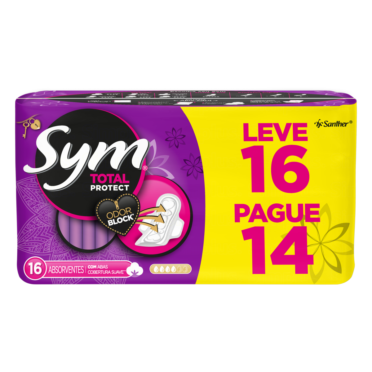 ABSORVENTE COM ABAS TOTAL PROTECT SUAVE SYM PACOTE 16 UNIDADES LEVE MAIS PAGUE MENOS