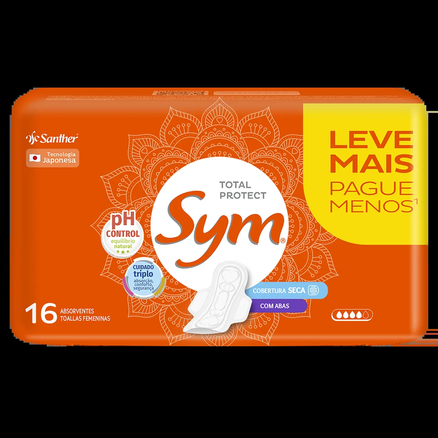 ABSORVENTE COM ABAS TOTAL PROTECT SECA SYM PACOTE 16 UNIDADES LEVE MAIS PAGUE MENOS