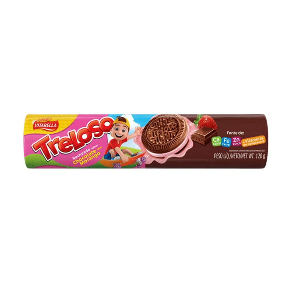 BISCOITO CHOCOLATE RECHEIO MORANGO VITARELLA TRELOSO PACOTE 120G