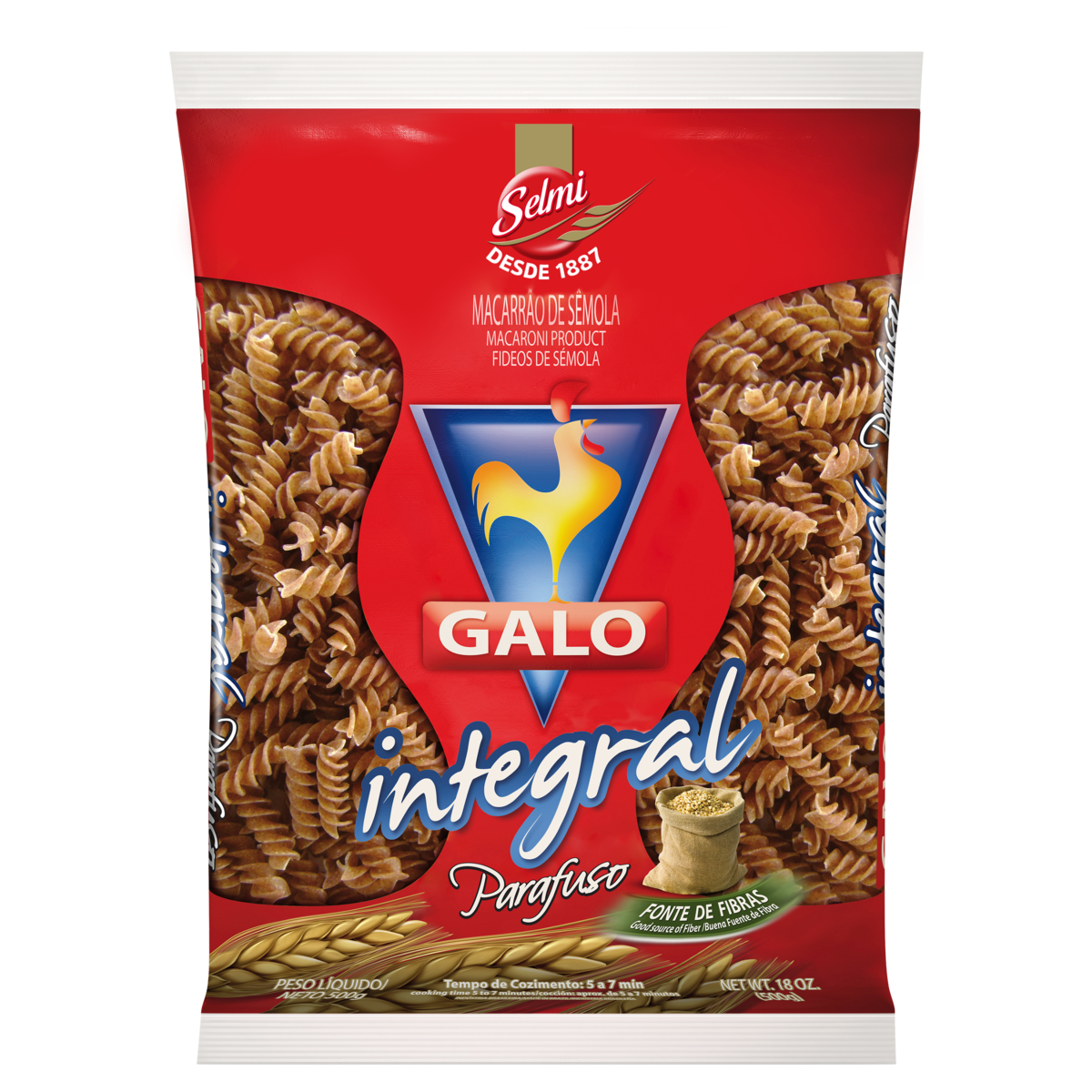 MACARRÃO DE SÊMOLA INTEGRAL PARAFUSO GALO PACOTE 500G