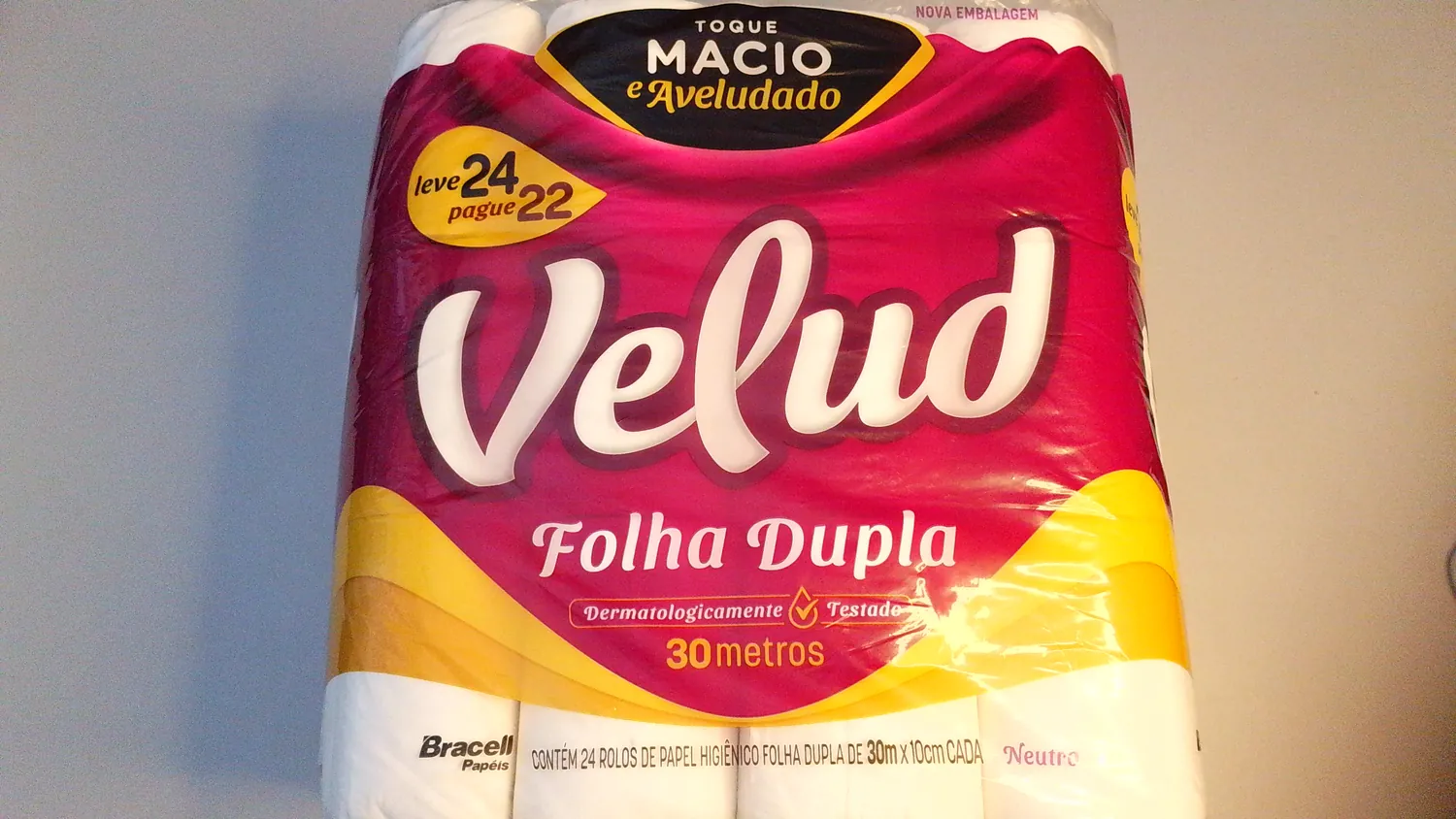 PAPEL HIGIHÊNICO VELUDO FOLHA DUPLA 24 ROLOS DE 30 METROS CADA