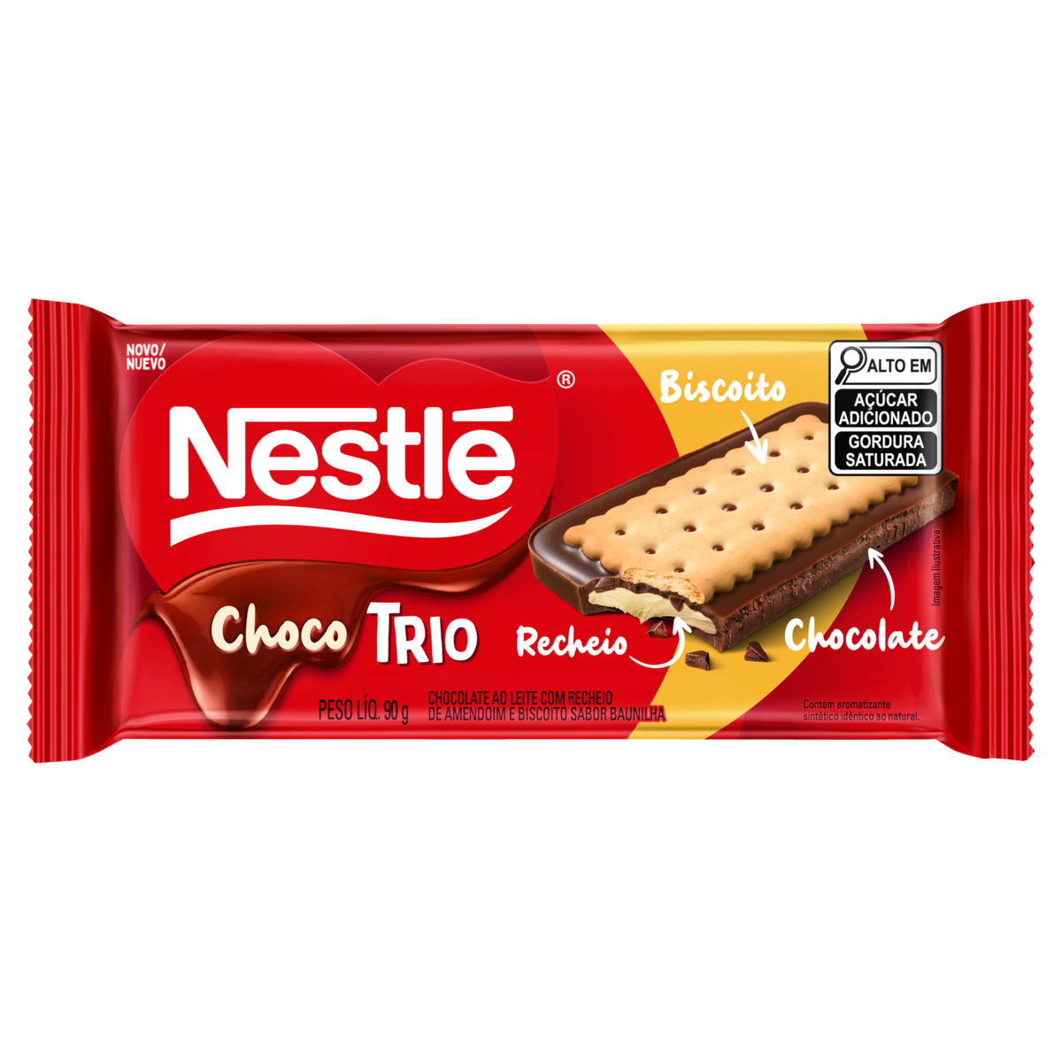 CHOCOLATE AO LEITE RECHEIO AMENDOIM E BISCOITO DE BAUNILHA NESTLÉ CHOCO TRIO PACOTE 90G 0